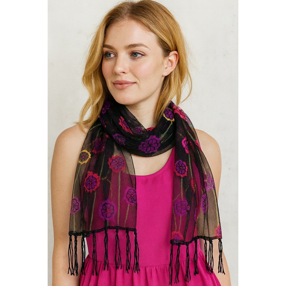 Floral Sequin Beaded Scarf Black Sheer Mesh‎ Lightweight 52 x 8